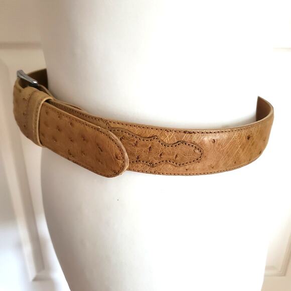 Nocona Tan Ostrich Pattern Leather Belt Western Boho Size 30 Silver Tone Buckle - Picture 3 of 9